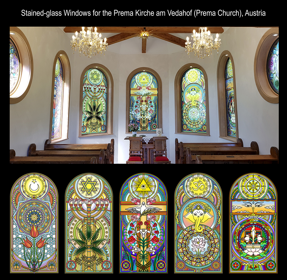 Winner of the international competition and author of stained glass windows for the decoration of the church of Prema Kirche in Veda Hof, Austria, 2016. https://www.vedahof.com/prema-kirche/die-fenster/