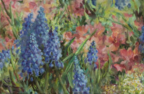 Blu-pink flower meadow, 7 × 20 inches (18 × 50 cm), oil on linen, canvas.