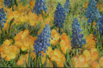 Blu-yellow flower meadow, 7 × 20 inches (18 × 50 cm), oil on linen, canvas.
