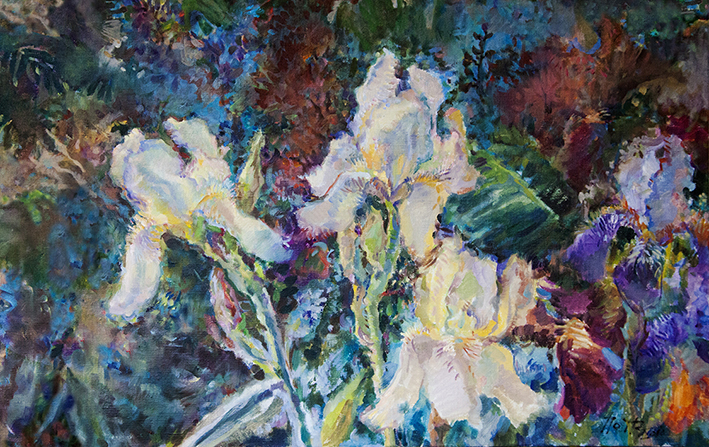 «Pearly irises», oil, canvas, 50×80 cm.