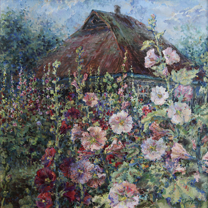 «An old roof with a mallow garden», canvas, oil, 23″х23″ (60x60cm), 2009.
